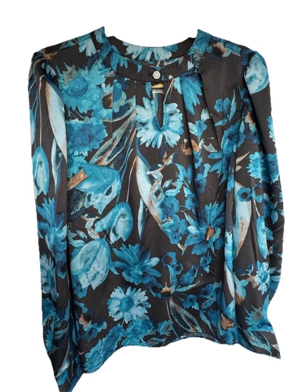 Cupio Blush Blue Teal and Black Floral Round Neck Long Sleeve Top Blouse